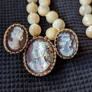 Vintage Mother of Pearl Cameo 2 strand Necklace an Earrings  VERY RARE